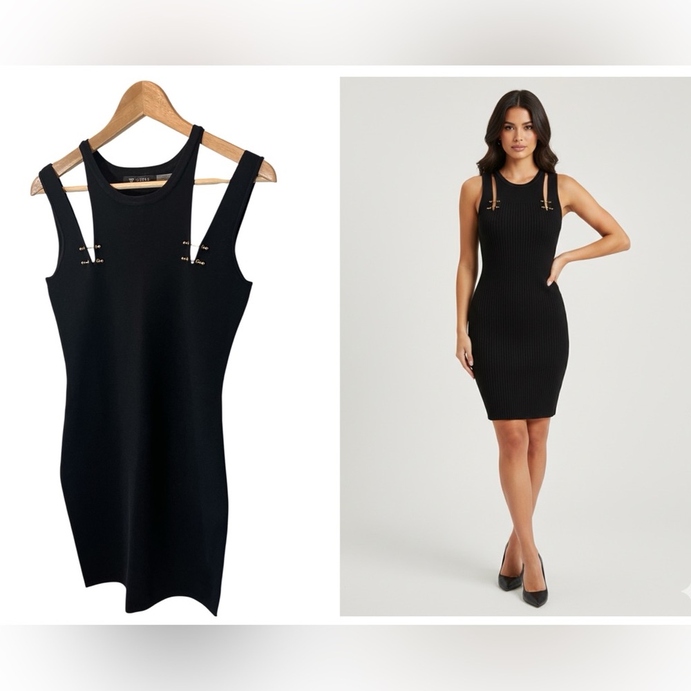 Guess Black BodyCon Mini Dress with Gold Accents